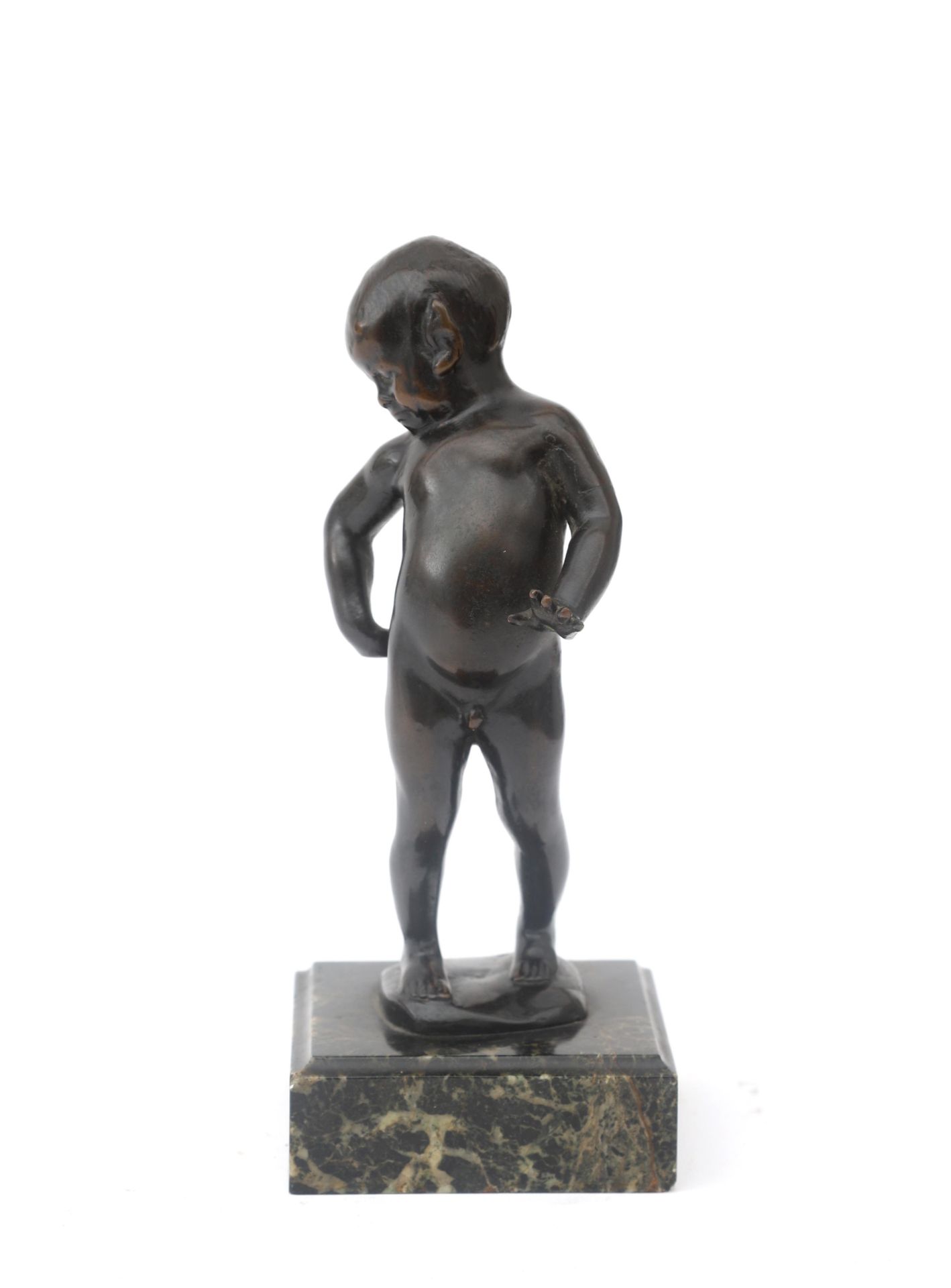 Art Deco A patinated bronze figure of a young Faun, on stone base, unsigned. 21 cm. h. (incl. base) - Image 5 of 6