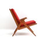 Midcentury Modern A teak easy chair, the seat an backrest upholstered in red fabric, circa 1960.