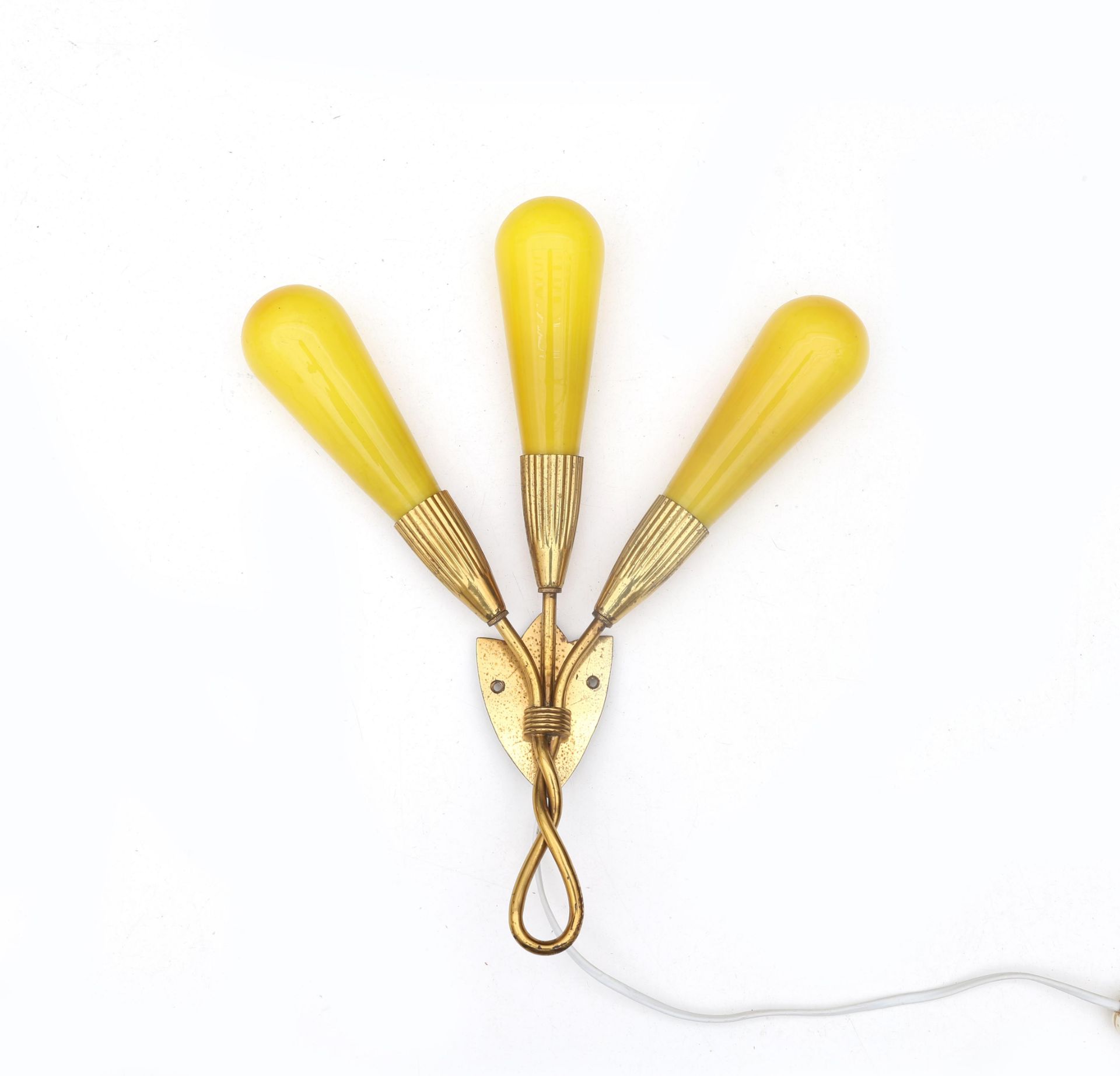 Midcentury Modern A brass three-light sconce with yellow opaline glass shades, 1950s. 39 x 30 x 9