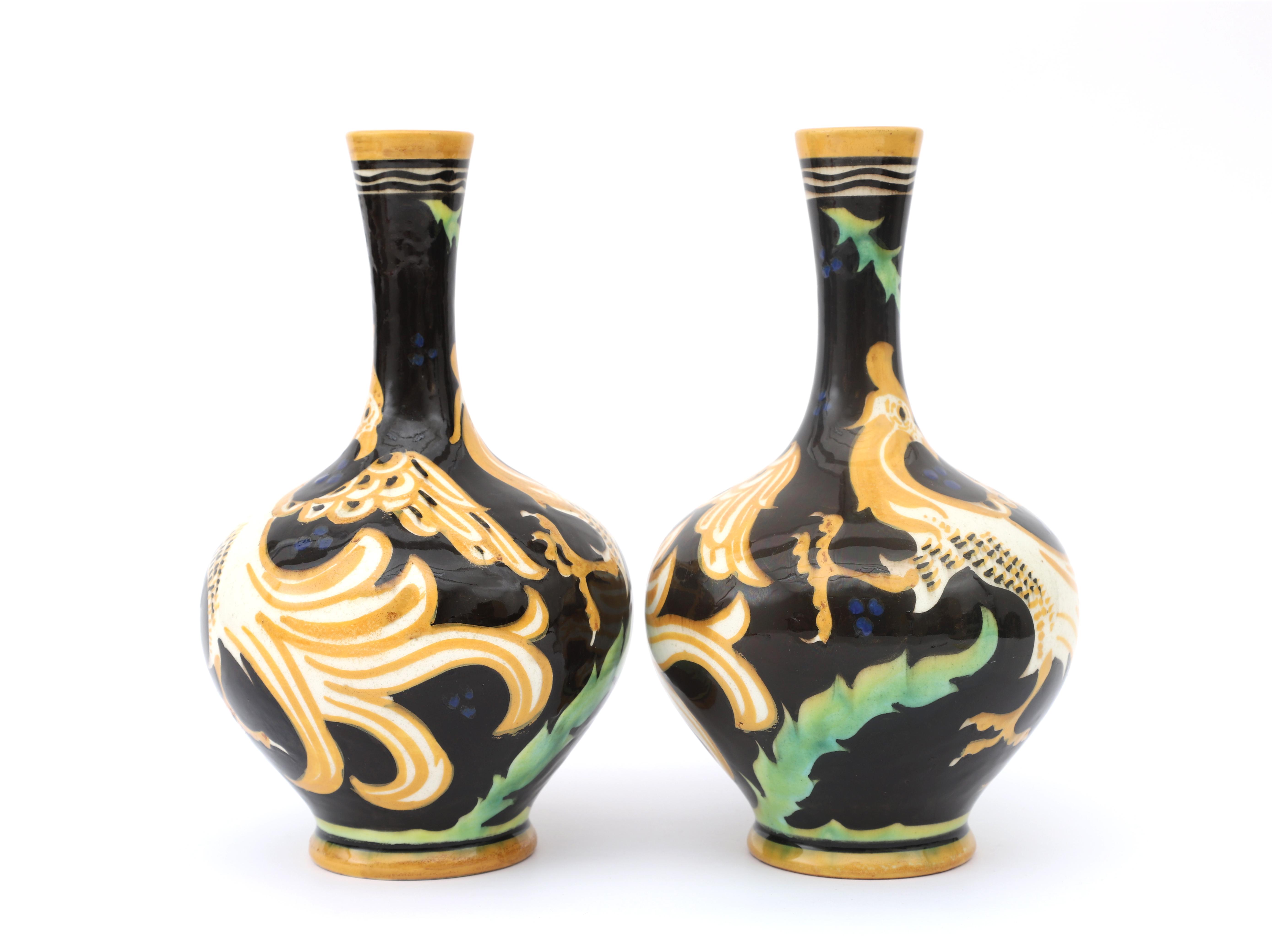 Carel Adolph Lion Cachet (1864-1945) A pair of ceramic vases decorated with griffons in orange on - Image 5 of 5