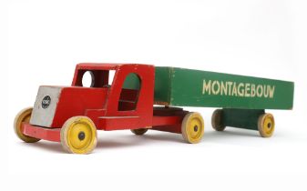 ADO Speelgoed A green, red, yellow and silvercoloured lacquered wooden child's truck '