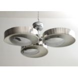 Esperia, Italy A chromium plated and white lacquered metal three-light ceiling lamp, Space Age,