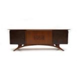 Midcentury Modern A partly teak veneered sideboard, the central doors decorated with carved birds,