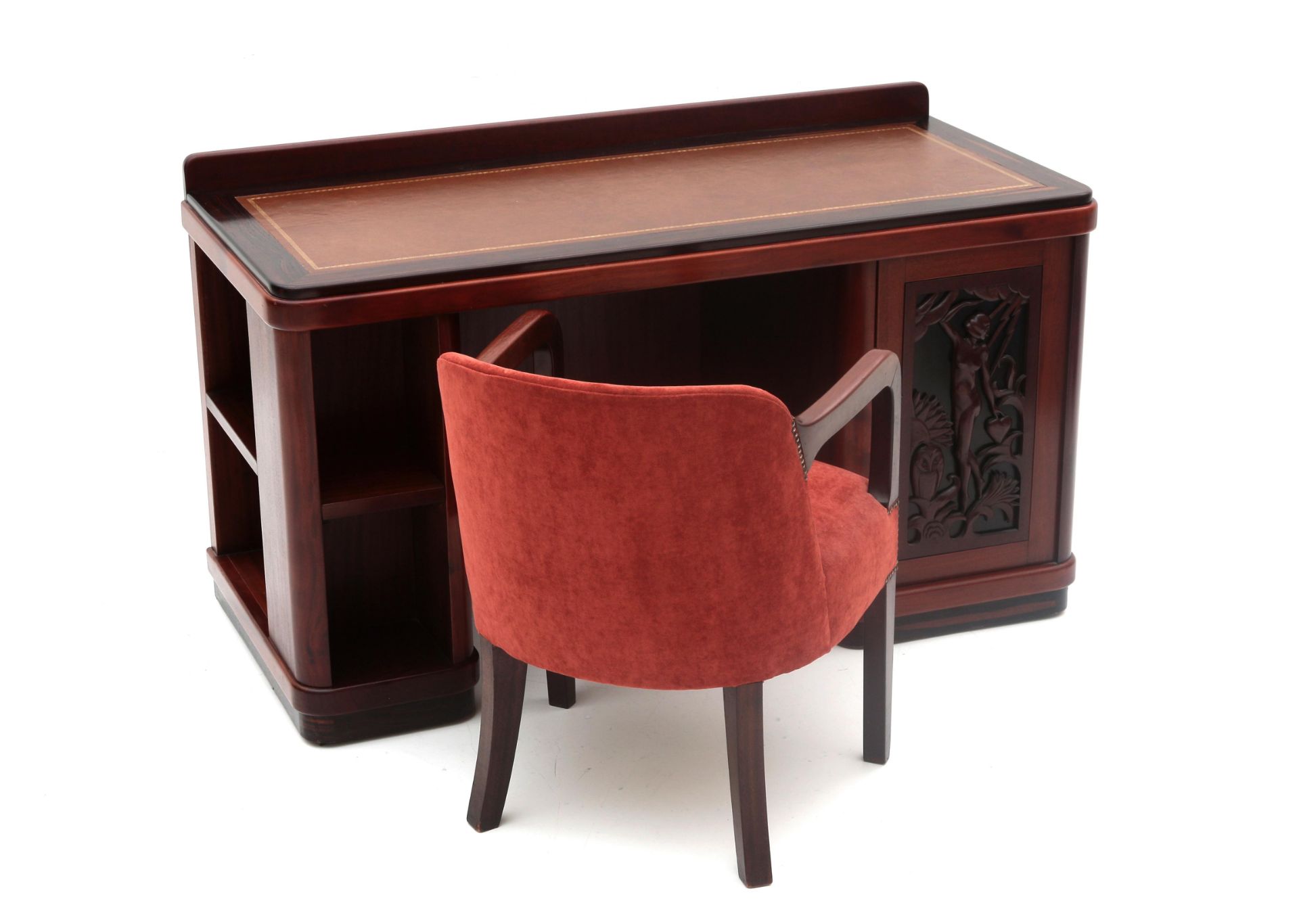 Adrianus Remiëns (1890-1972) A mahogany and coromandel Amsterdam School desk with red upholstered