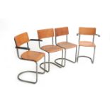 Auping (attributed) Two tubular metal chairs with bakelite armrests and bent plywood seats and