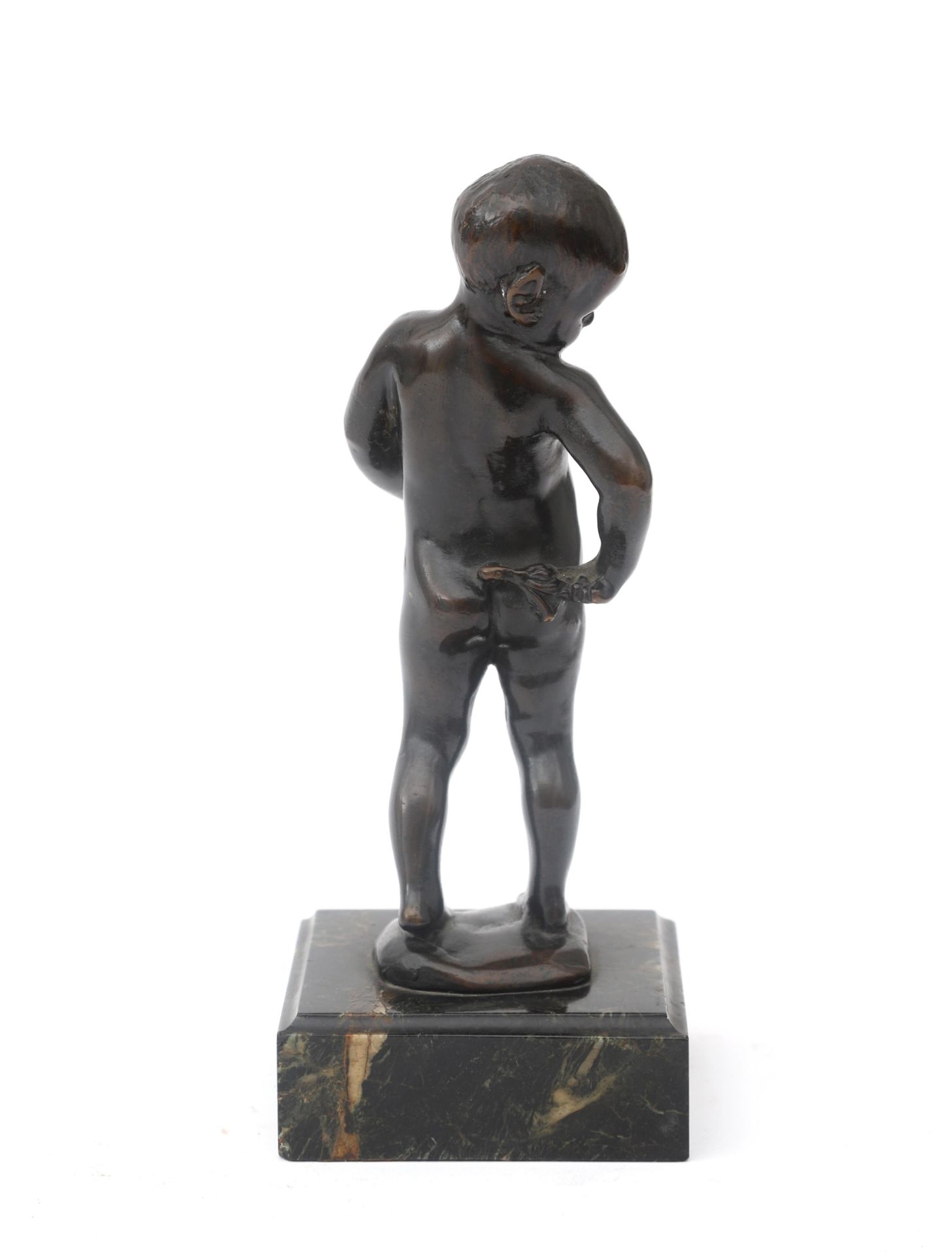 Art Deco A patinated bronze figure of a young Faun, on stone base, unsigned. 21 cm. h. (incl. base) - Image 2 of 6