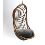 Midcentury Modern A rattan hanging chair with metal suspension eye, the grey upholstered cushion a