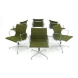 Charles & Ray Eames Six EA108 armchairs from the Aluminium Group, green hopsak upholstery,