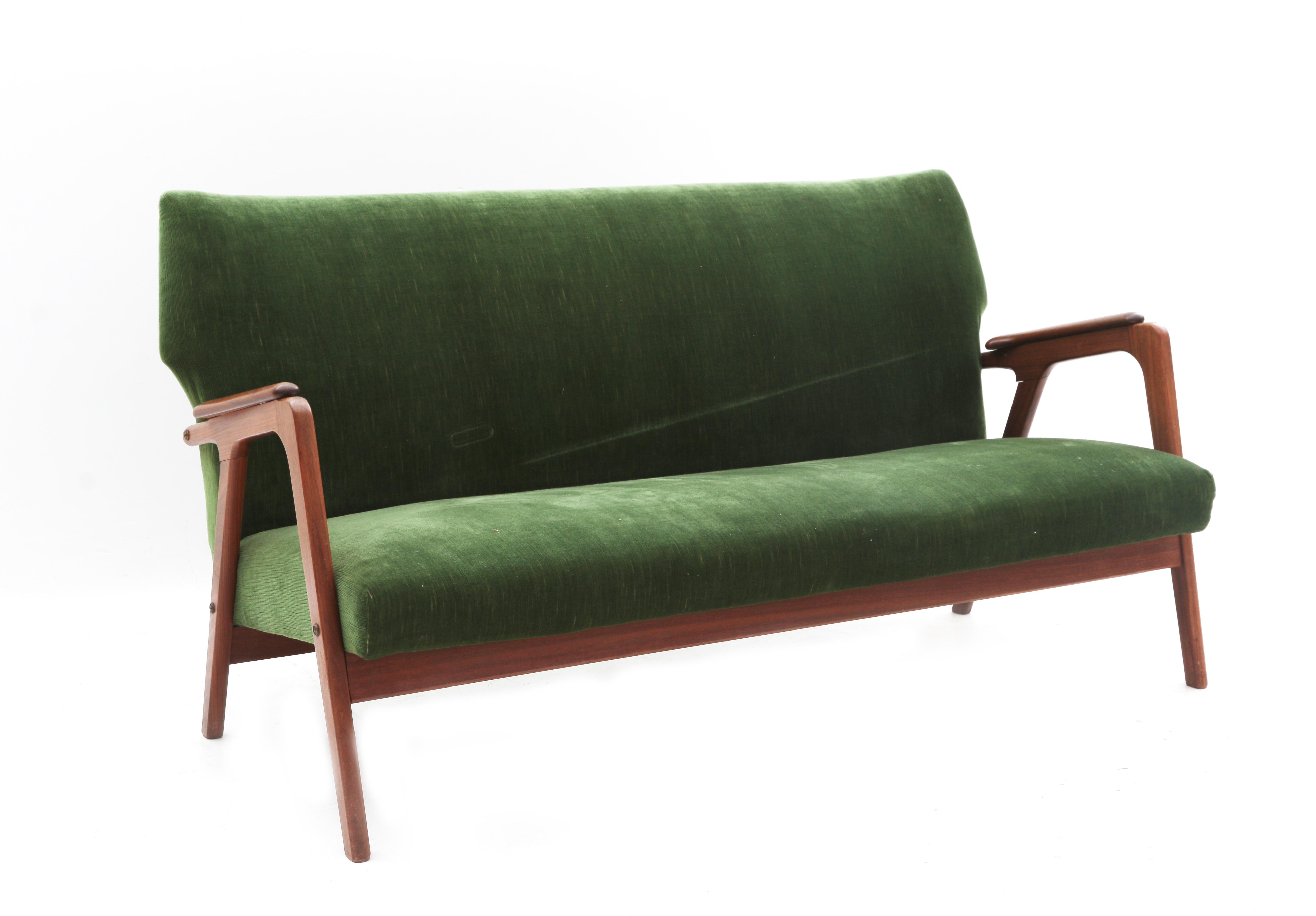 Midcentury Modern A teak sofa, the seat and backrest with green fabric upholstery, in the style of