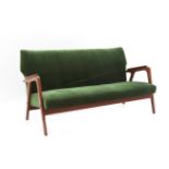 Midcentury Modern A teak sofa, the seat and backrest with green fabric upholstery, in the style of