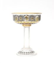 Fachschule Steinschönau A partly cut glass tazza decorated with ornaments in yellow, with '