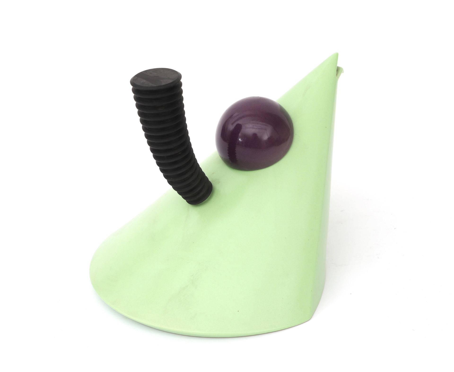 Erik Jan Kwakkel (1965) A ceramic tea pot, green glazed with purple glazed cover, with black plastic