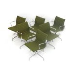 Charles & Ray Eames Six EA108 armchairs from the Aluminium Group, green hopsak upholstery,