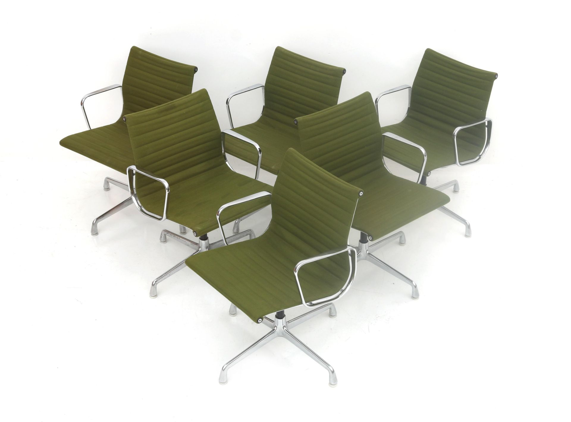 Charles & Ray Eames Six EA108 armchairs from the Aluminium Group, green hopsak upholstery,