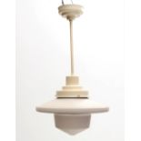 Nieuwe Zakelijkheid A hanging lamp with frosted and clear glass shade, the metal pendulum white
