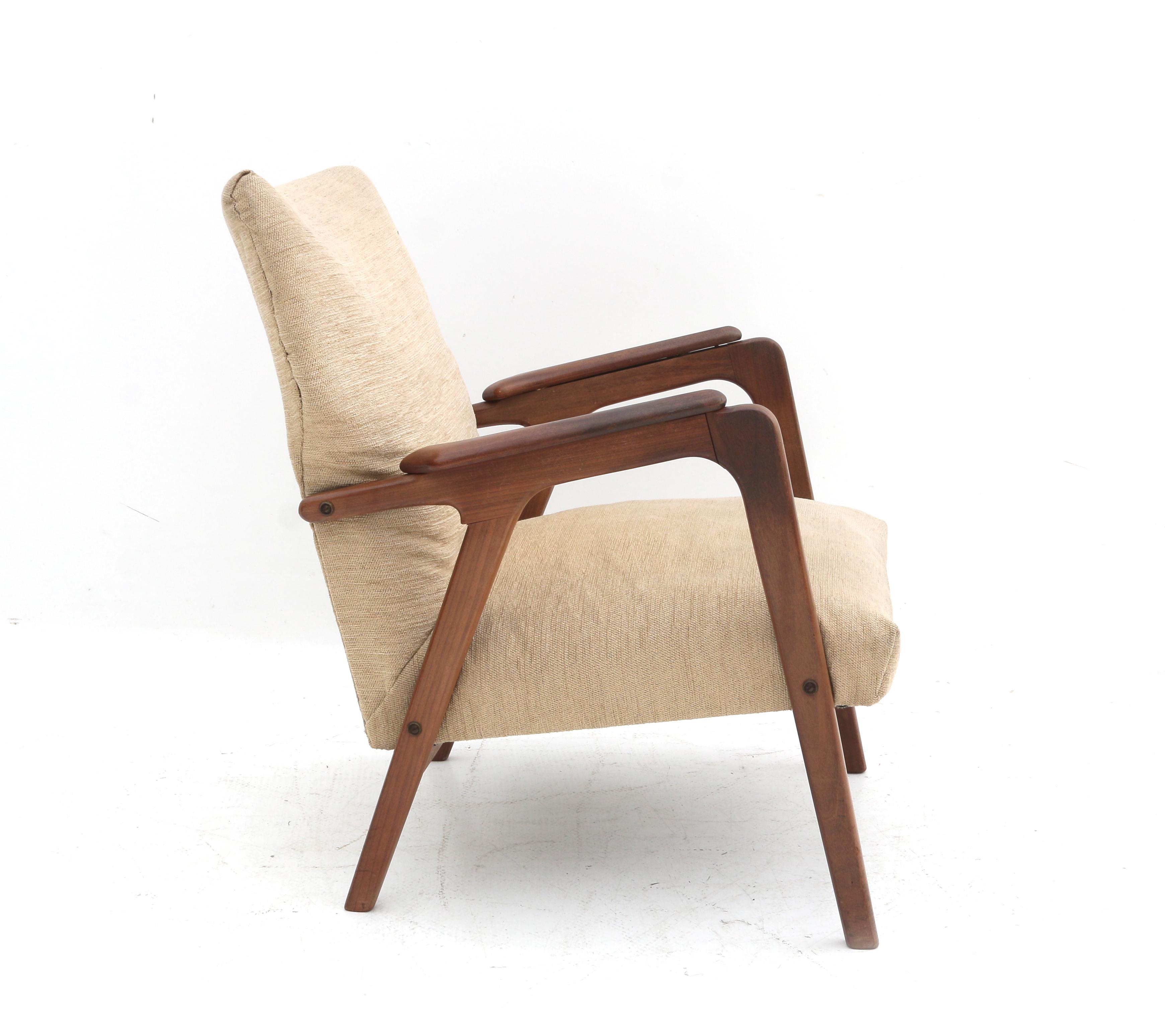 Midcentury Modern A teak easy chair, the seat and backrest with cream fabric upholstery, in the - Image 3 of 3