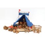 Seventies A pine and fabric child's circus tent with figures, vehicles and animals, dismountable,
