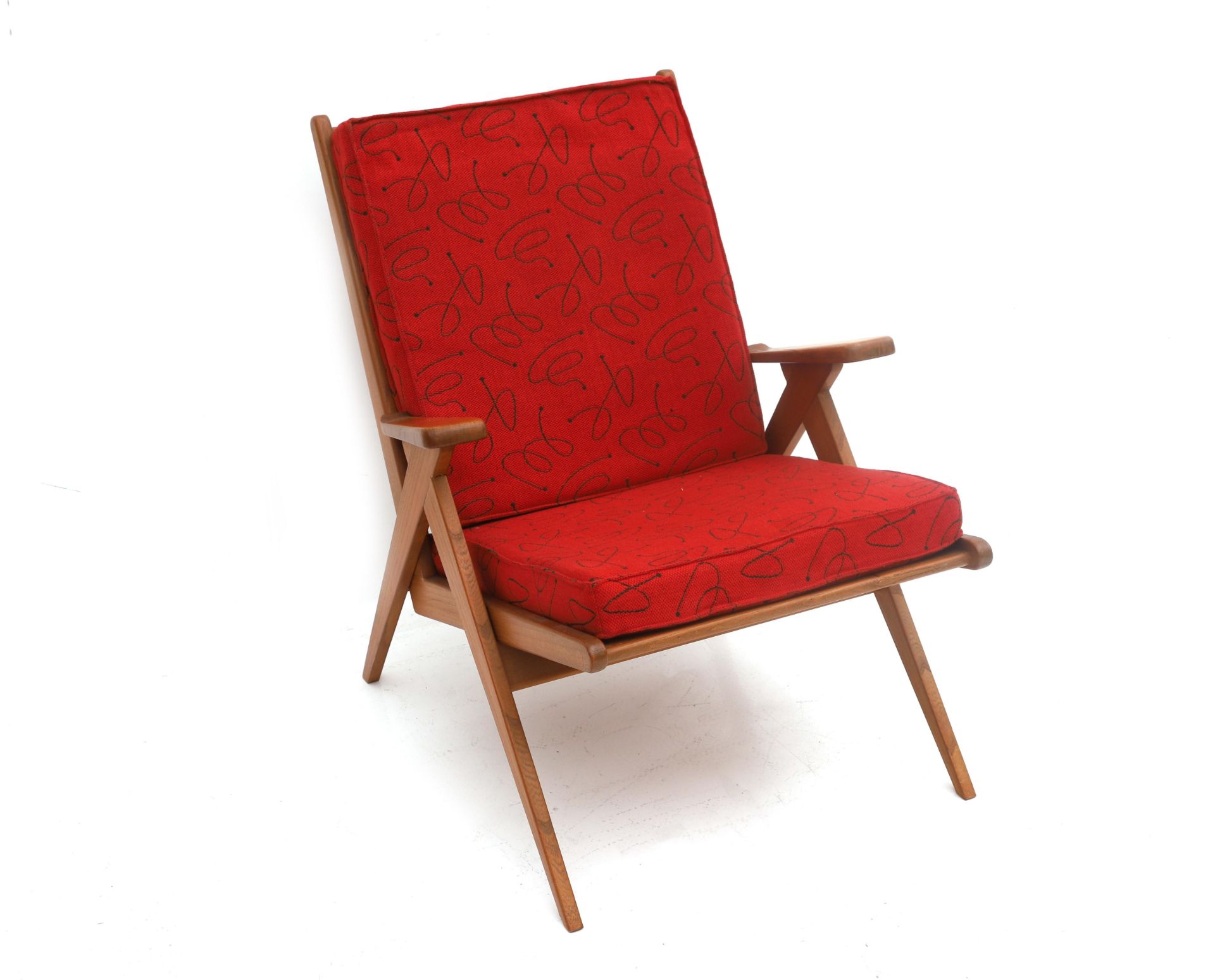 Midcentury Modern A teak easy chair, the seat an backrest upholstered in red fabric, circa 1960. - Bild 3 aus 5