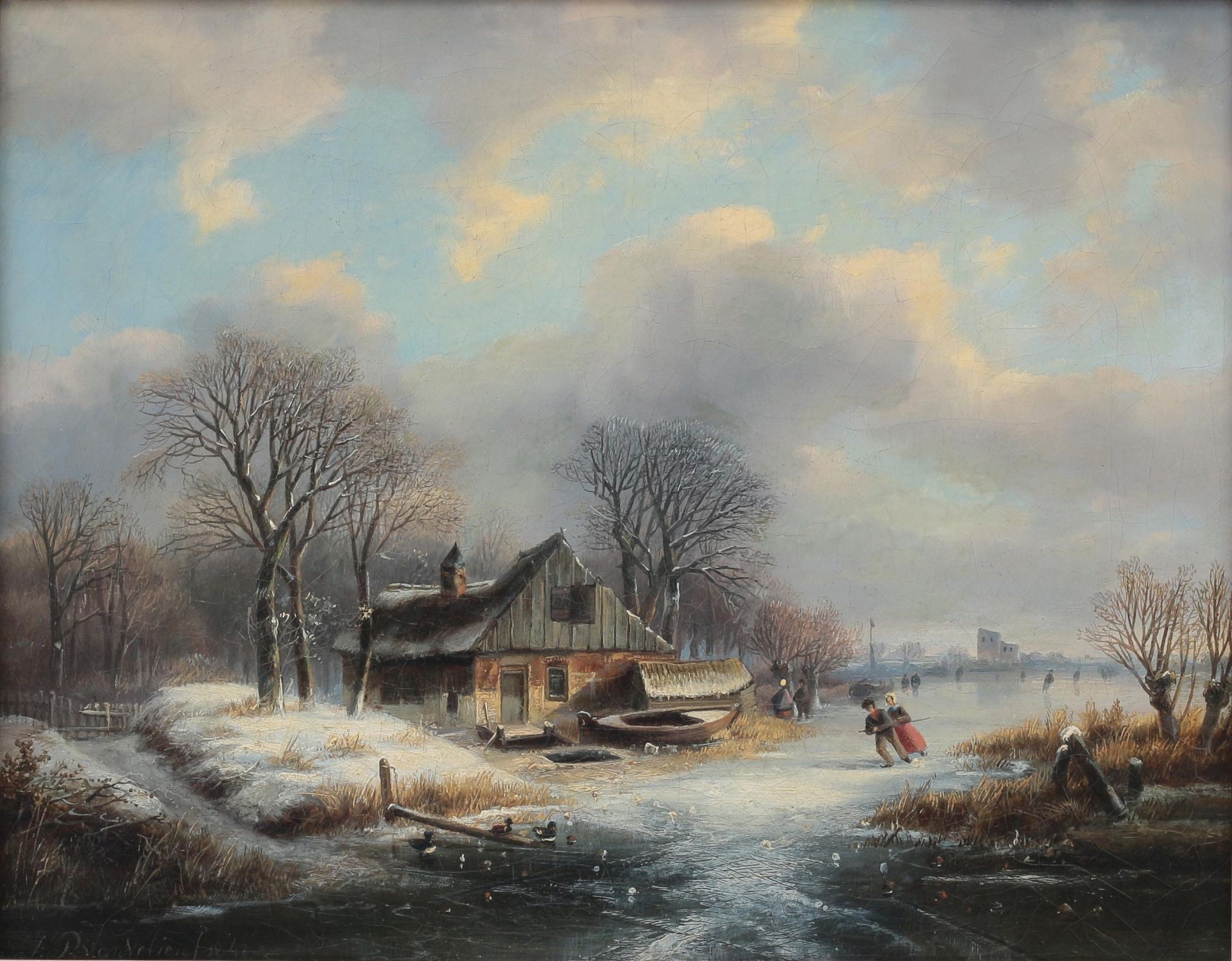 Johannes Petrus van Velzen (1816-1853) Winter landscape with ice skating figures on a frozen