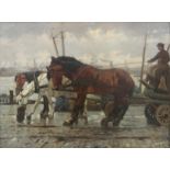 G J Overbeek (1882-1947) Horses pulling a cart in Rotterdam, signed l.r. marouflé. Olieverf op