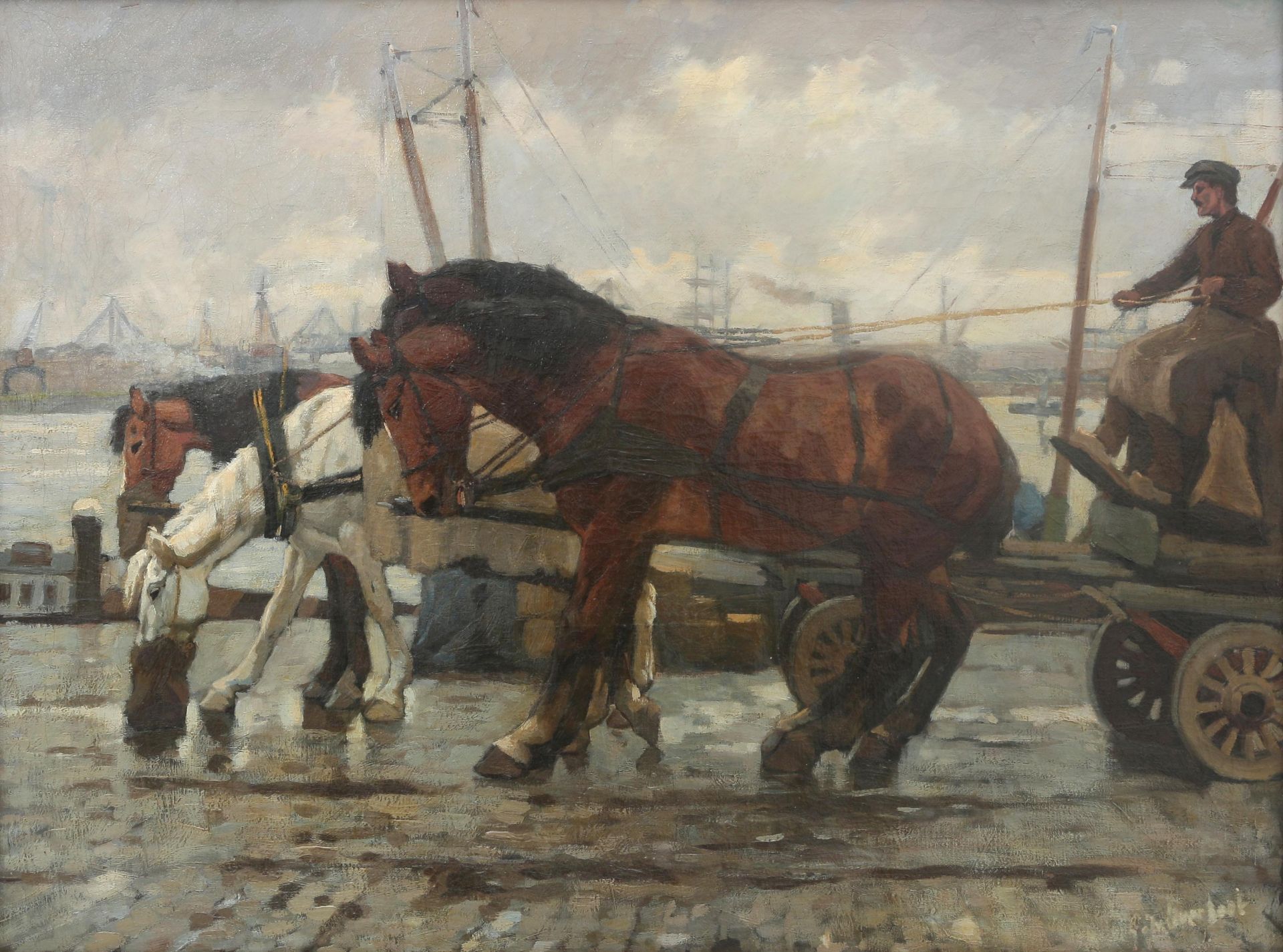 G J Overbeek (1882-1947) Horses pulling a cart in Rotterdam, signed l.r. marouflé. Olieverf op