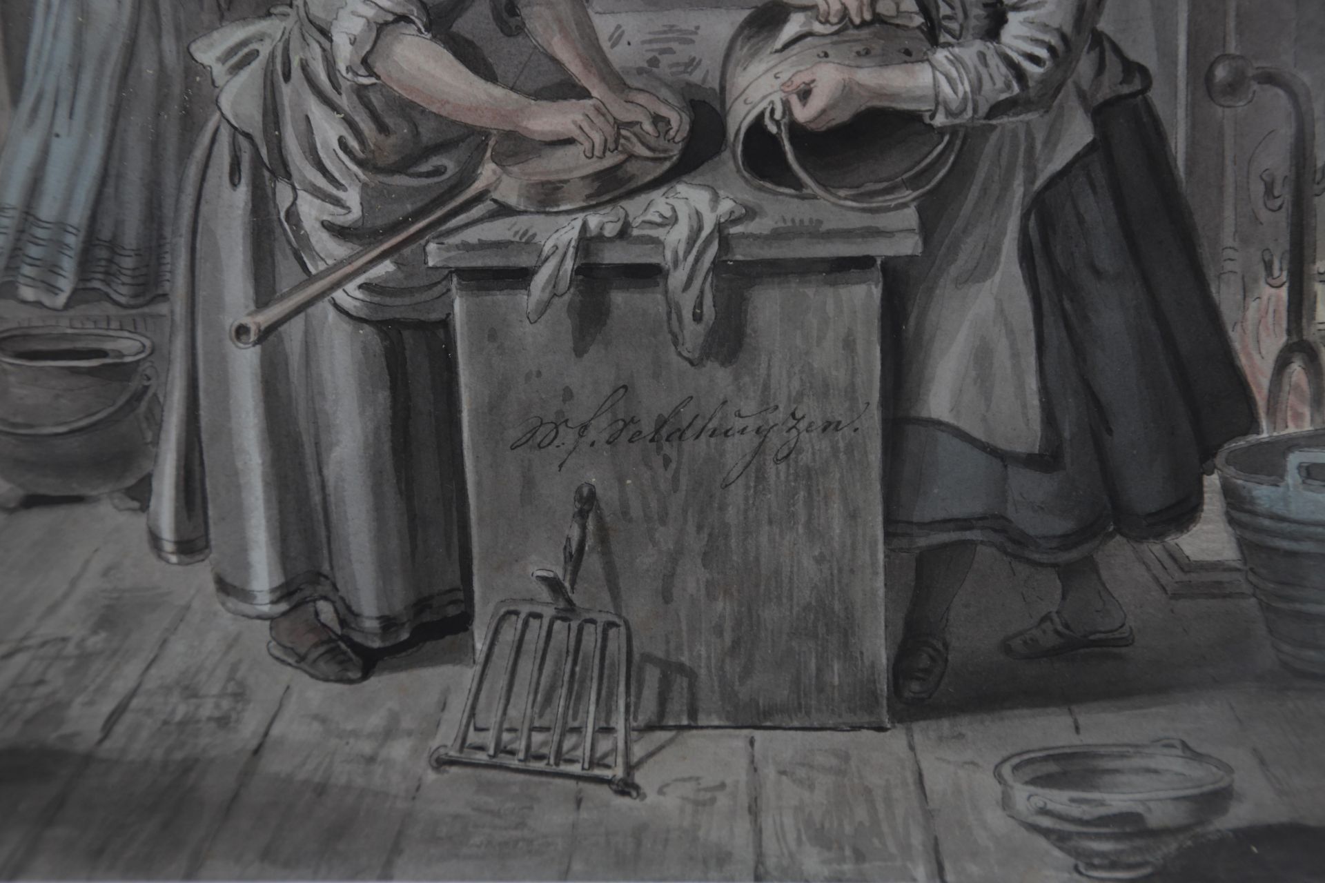 Willem Frederik Veldhuijzen (1814-1873) Kitchenmaids at work, elegant ladies entering the kitchen in