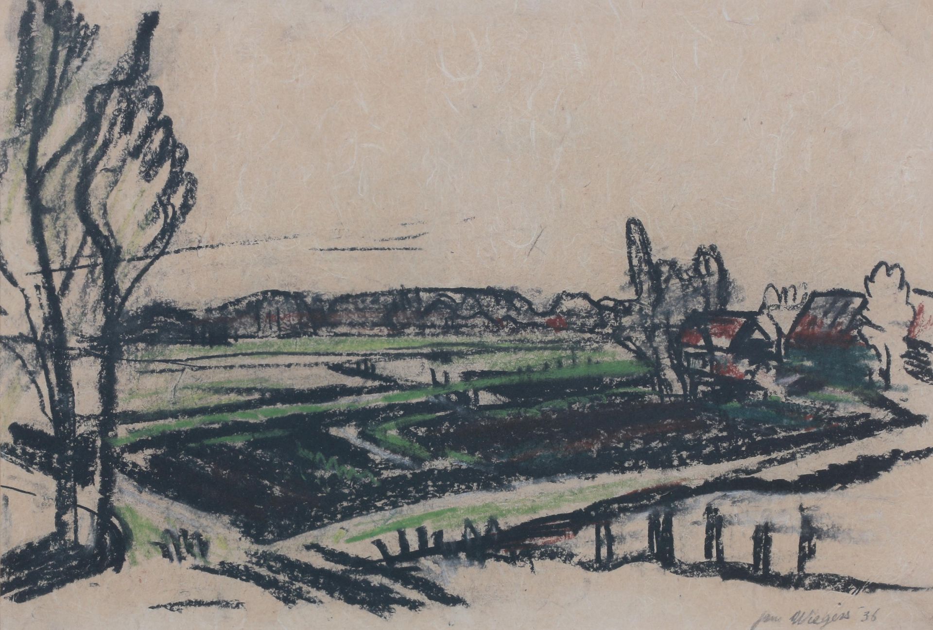 Jan Wiegers (1893-1959) Landscape. Signed and dated 1936 lower right. Gemengde techniek