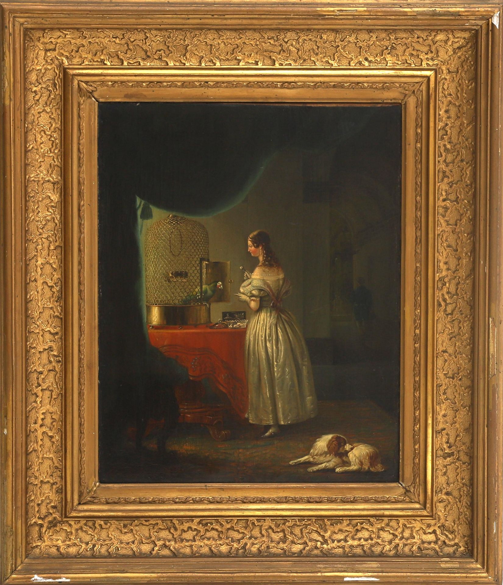 Toegeschreven aan Willem Frederik Veldhuijzen Elegant lady feeding her parrot, a man with his dog in - Bild 2 aus 3