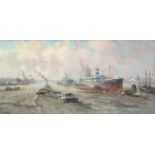 Gerard Delfgaauw (1882-1947) View on the harbor of Rotterdam with steamboats. Signed l.r. Olieverf