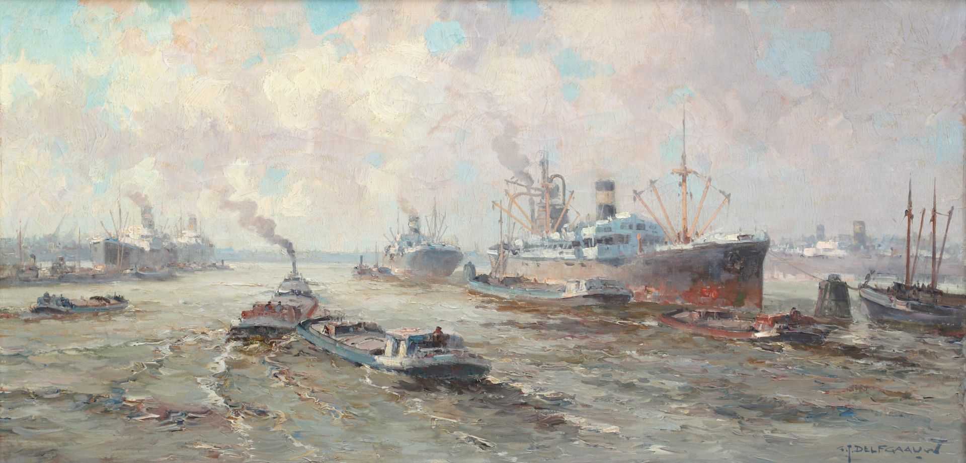 Gerard Delfgaauw (1882-1947) View on the harbor of Rotterdam with steamboats. Signed l.r. Olieverf