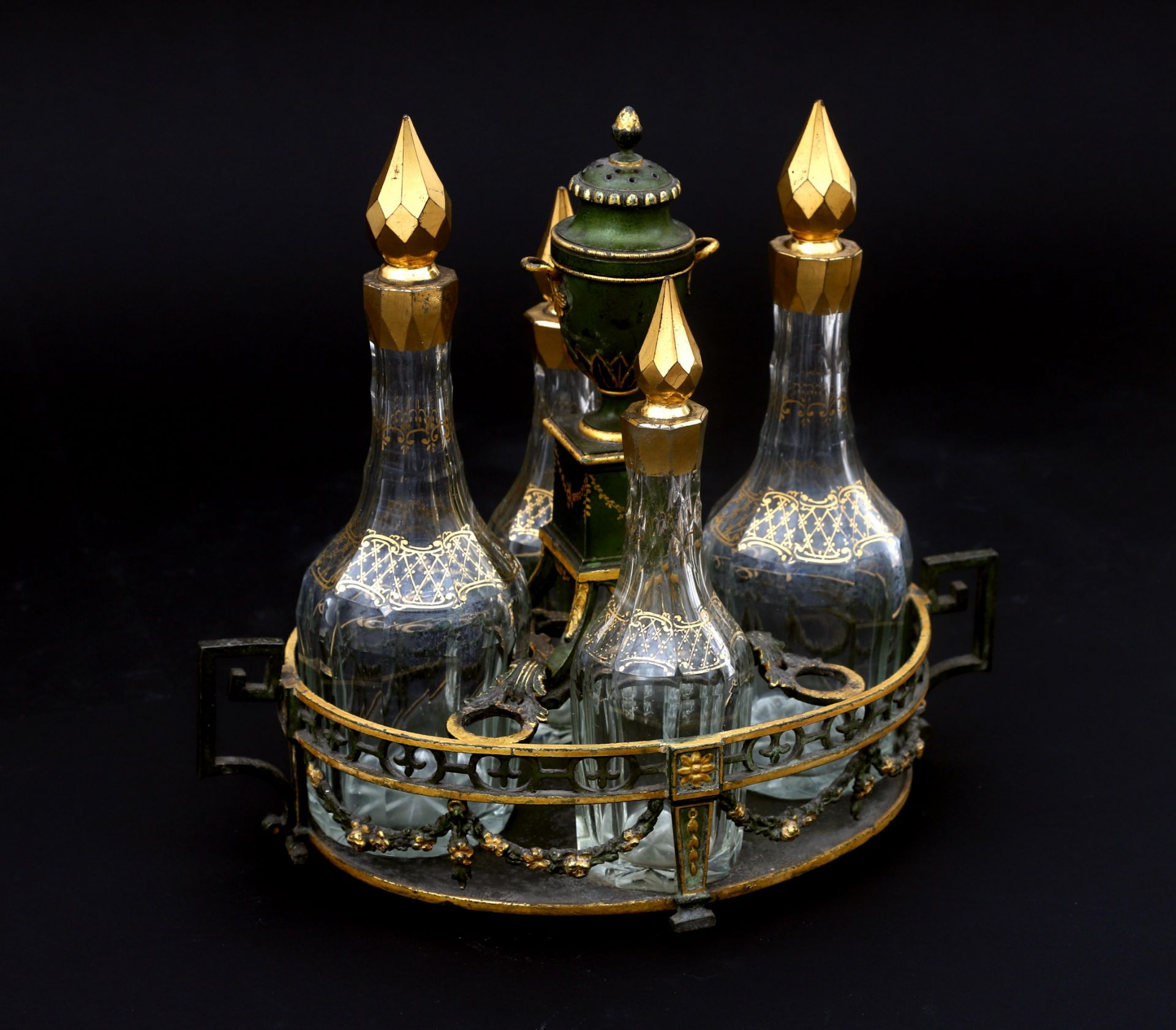 A Louis XVI-style oil and vinegar set, Dutch, 19th century. Four cut glass flasks, cold painted - Image 4 of 4