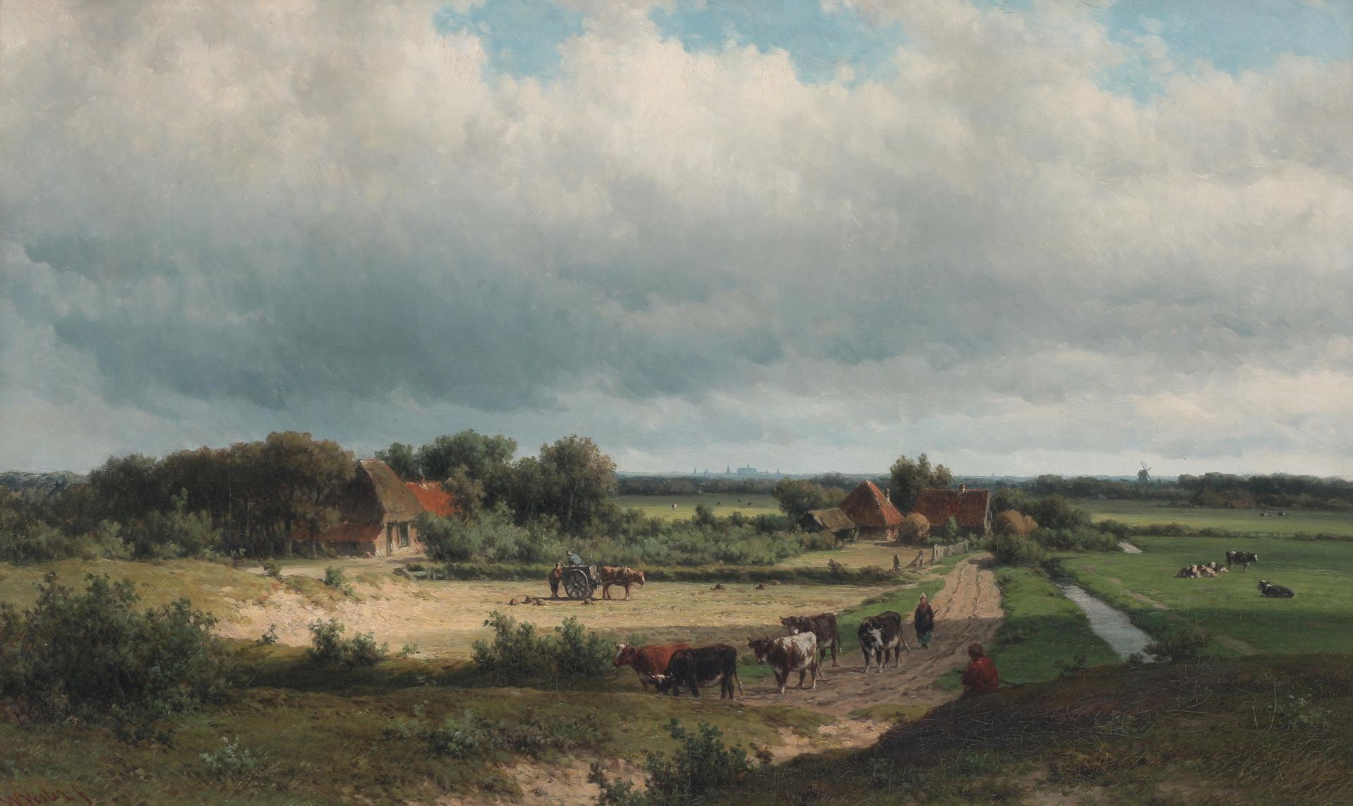 Willem Vester (1824-1871/95) Landscape with cattle on a path through the dunes, the city of