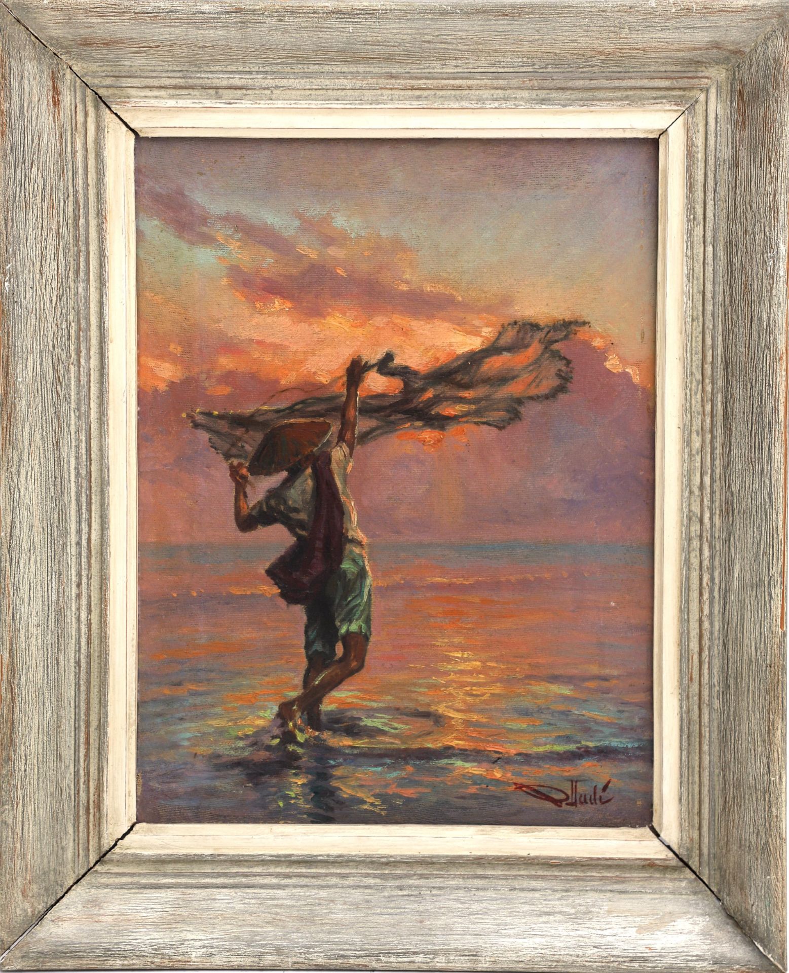 R. Hadi (XX-XXI) Aan Sumatran fisherman in sea. Oil on canvas. Signed bottom right. Olieverf op doek - Bild 2 aus 4