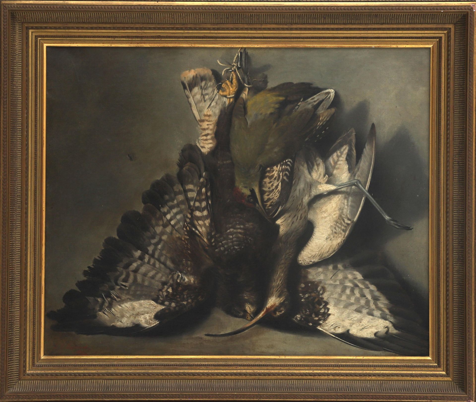 Louis Emile Bertrand (1815 - 1897) A hunting still life of a hawk, snipe and woodpecker, signed - Bild 2 aus 2