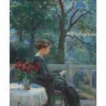 Moricz Góth (1873-1944) Summer scene of a reading lady in the shadow. Signed l.r.. Olieverf op