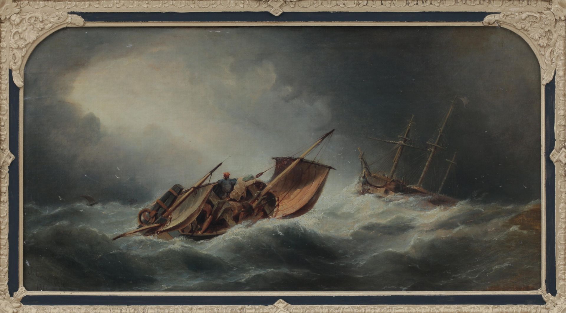John Connel Ogle (1813-1877) Fishing boat and three-master at sea. Signed and dated lower left.