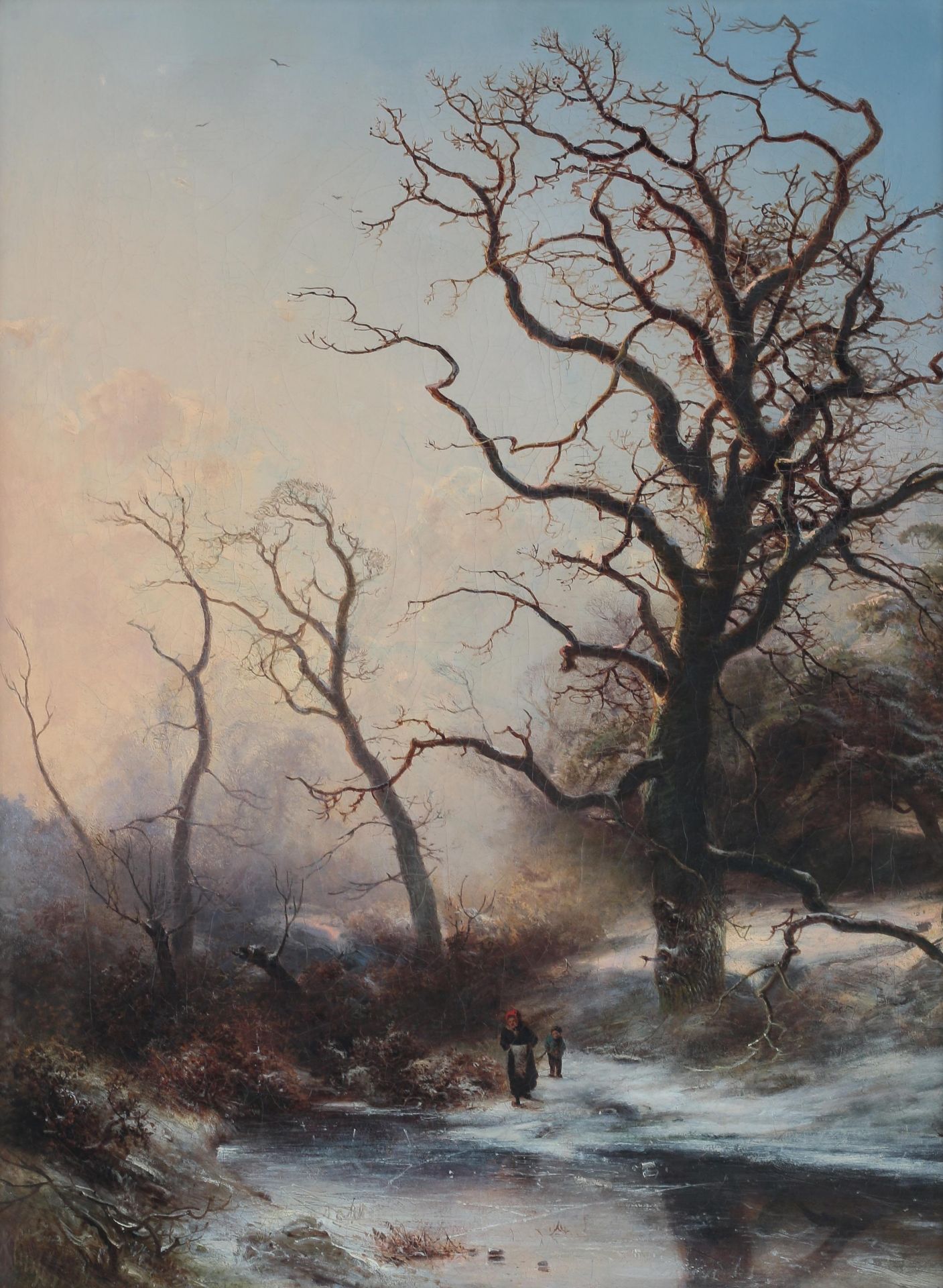 Pieter Lodewijk Kluyver (1816-1900) Wooded landscape in winter with figures by a frozen pond. Signed