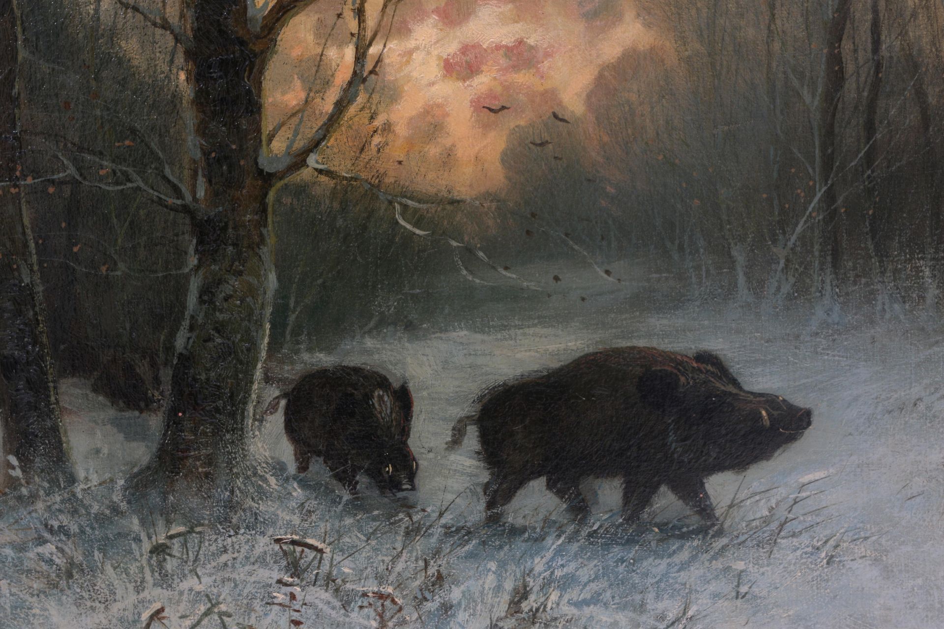 Eduard Steinbach (1878-1939) A winterlandscape with wild boars in a forest, signed l.l.. Olieverf op - Bild 4 aus 5