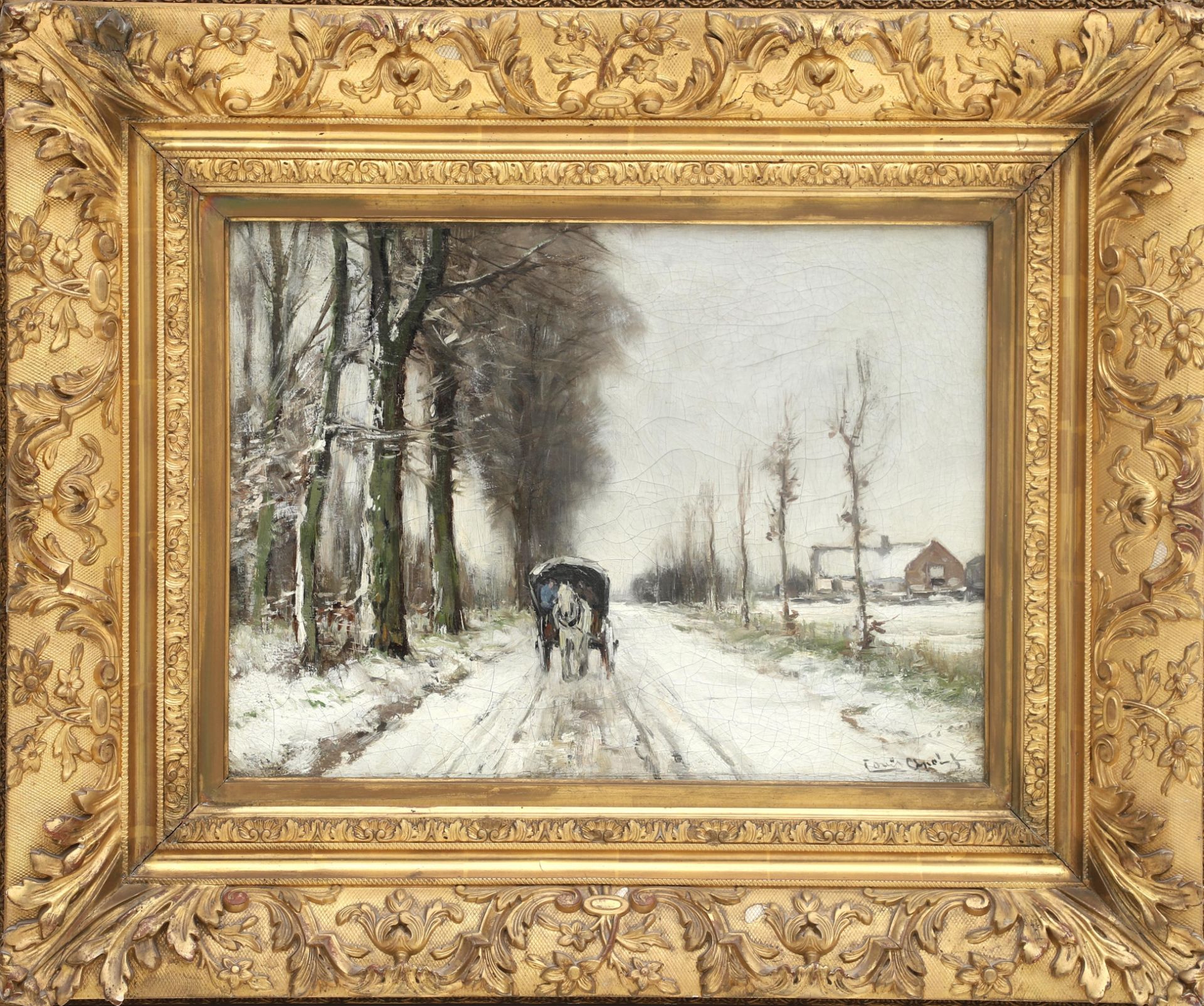 Louis Apol (1850-1936) Woodtansport on a country road in the snow, signed l.r. Labelled: Mw. - Bild 2 aus 4