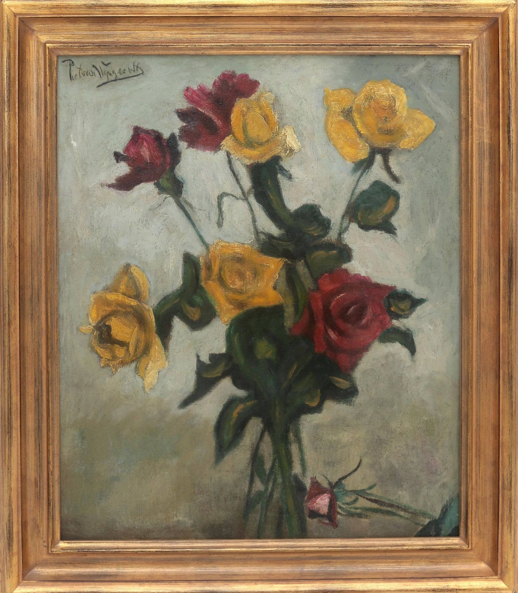 Piet van Wijngaerdt (1873-1964) A bouquet of flowers with yellow roses in a vase, signed u.l. - Bild 2 aus 5
