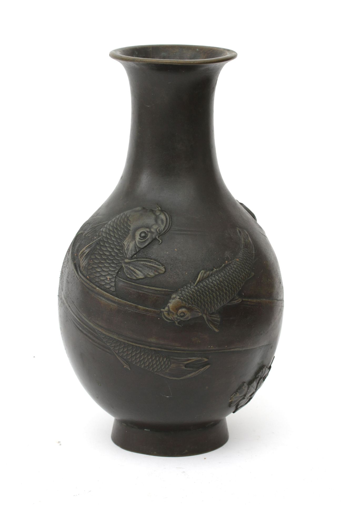 A Japanese bronze vase with relief carp decoration, Meiji periode, signed. H. 31 cm.