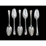 Six silver table spoons 19th century, on five of the six spoons beaten with the ax for returning