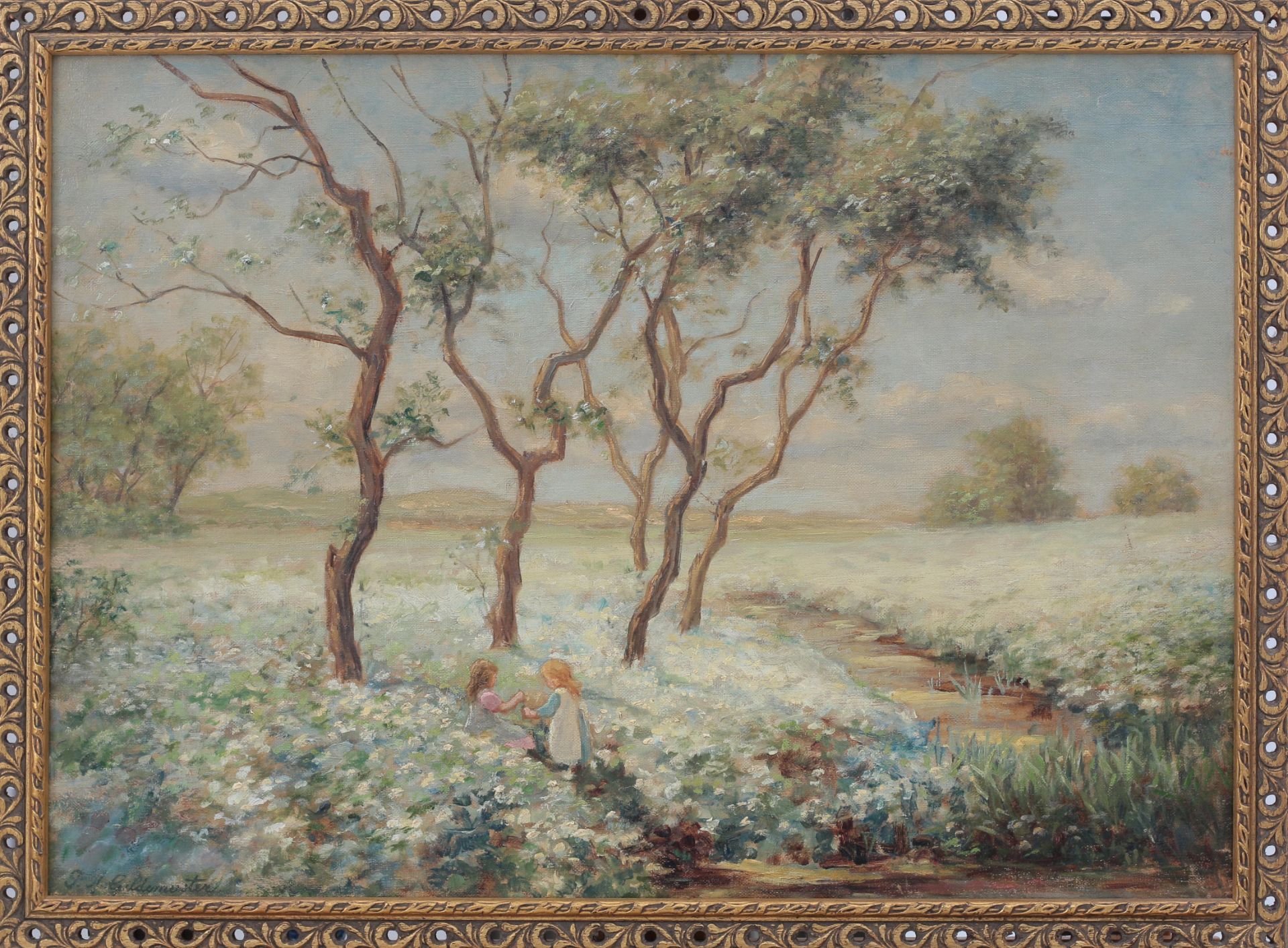 Paulus Adriaan Gildemeester (1858-1930) Two girls in a field of flowers. Signed lower left. Olieverf - Bild 3 aus 4