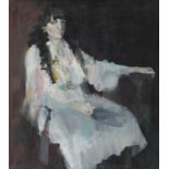 Henk Duijn (1950) Portrait of a lady in white seated in a chair. Signed and unclearly dated lower