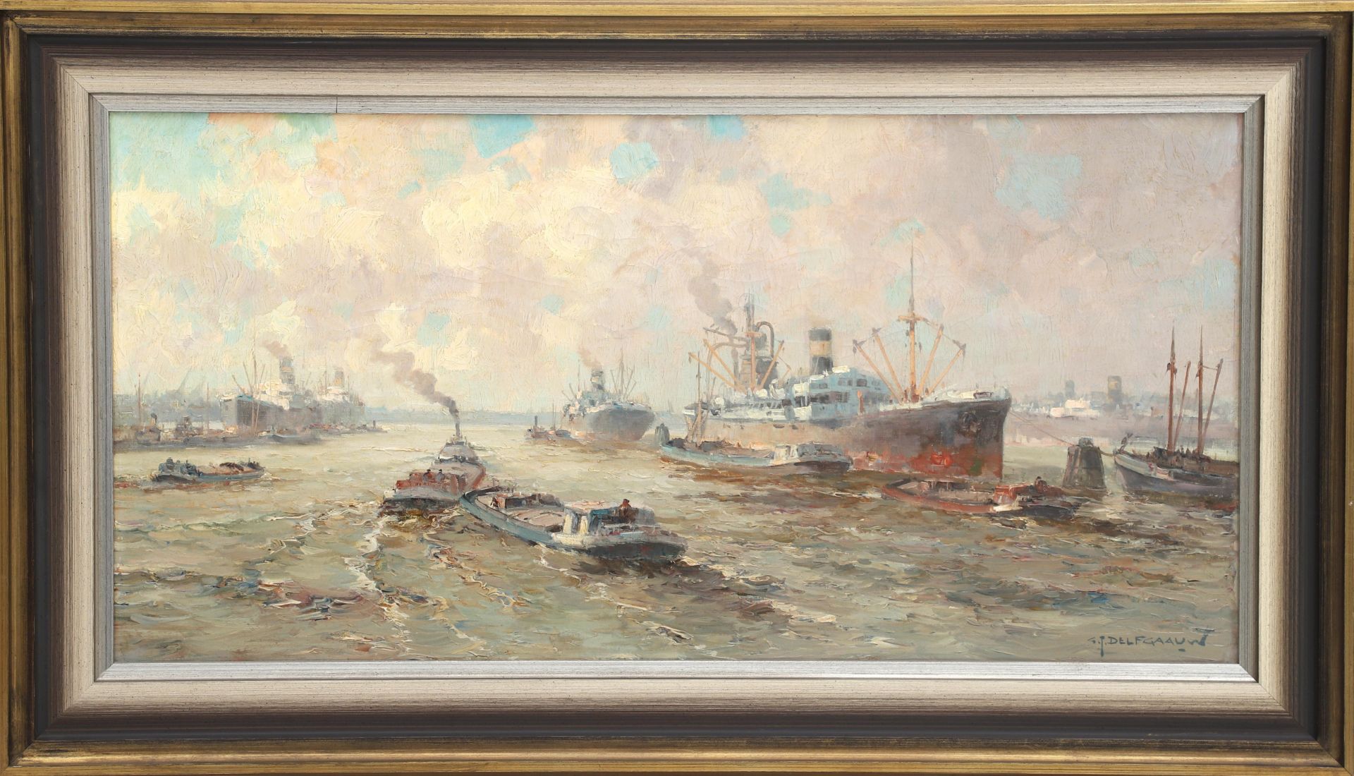 Gerard Delfgaauw (1882-1947) View on the harbor of Rotterdam with steamboats. Signed l.r. Olieverf - Bild 2 aus 4