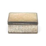 A mother of pearl snuff box with 835 silver mount. On the lid a carved relief of an allegorical