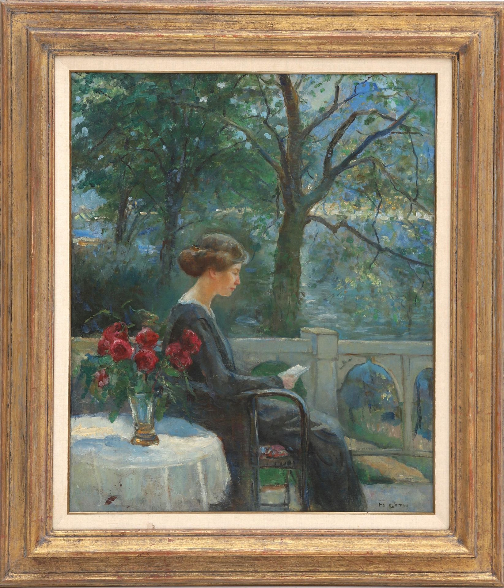 Moricz Góth (1873-1944) Summer scene of a reading lady in the shadow. Signed l.r.. Olieverf op - Bild 2 aus 4