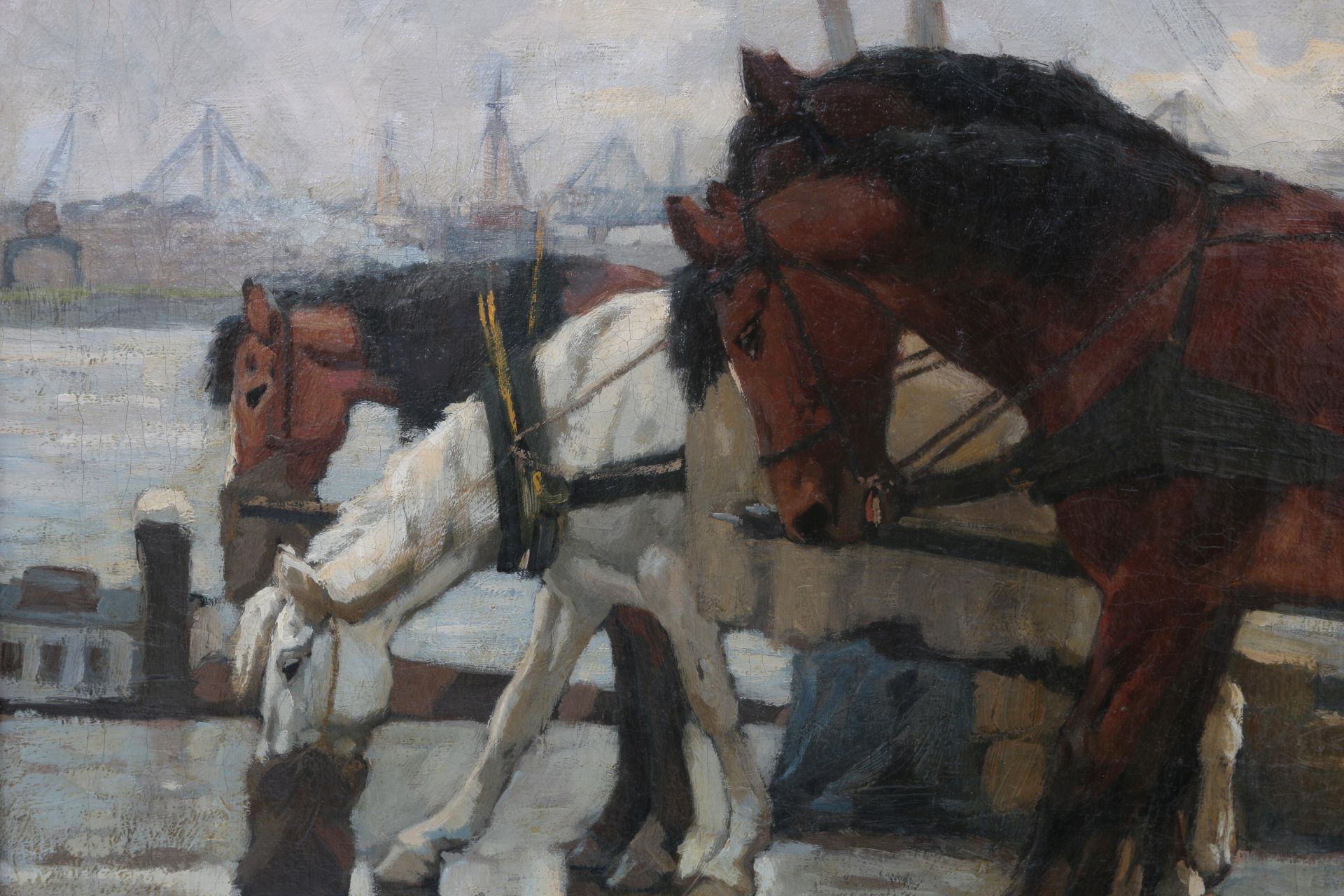 G J Overbeek (1882-1947) Horses pulling a cart in Rotterdam, signed l.r. marouflé. Olieverf op - Bild 4 aus 5