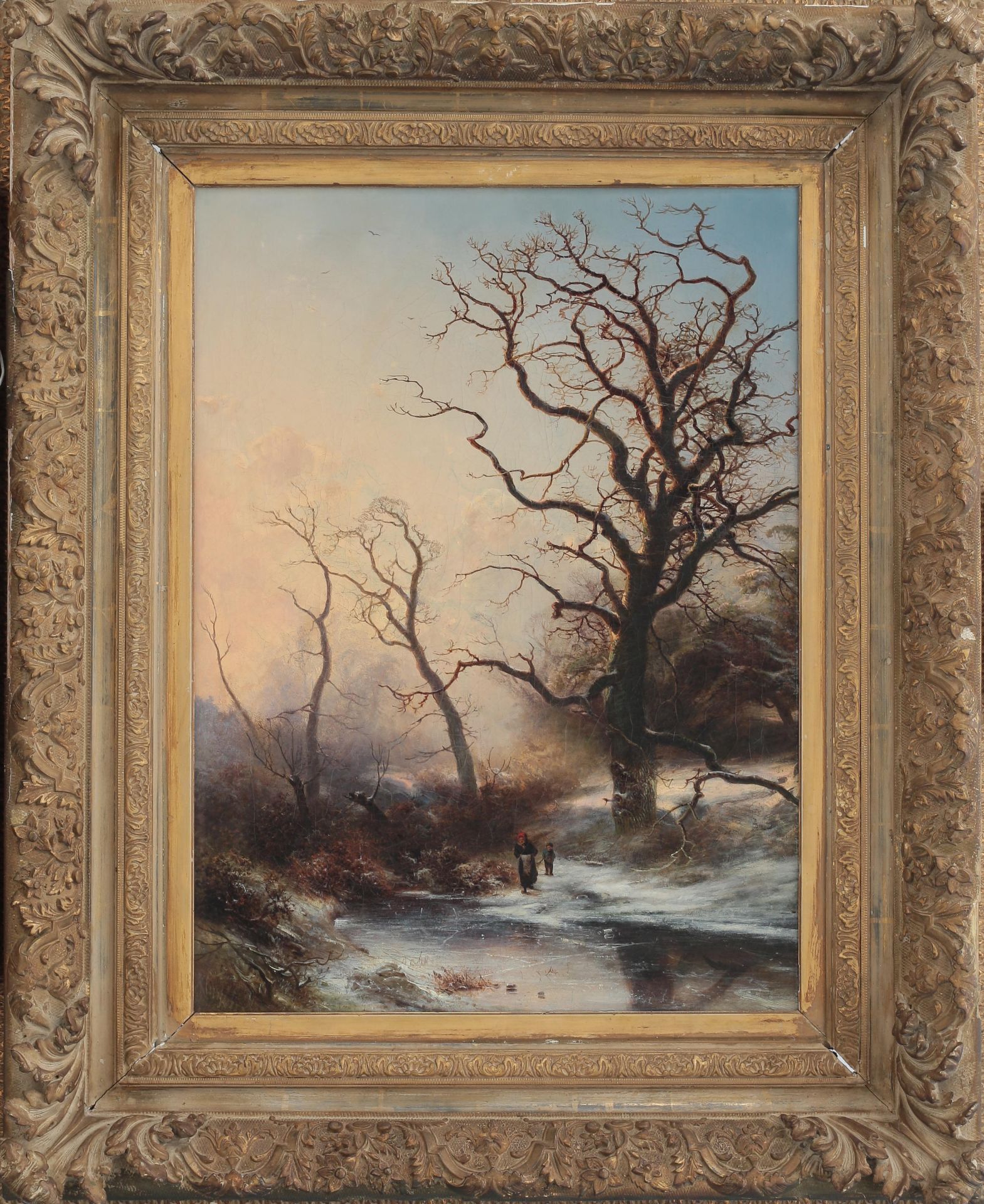 Pieter Lodewijk Kluyver (1816-1900) Wooded landscape in winter with figures by a frozen pond. Signed - Bild 2 aus 3
