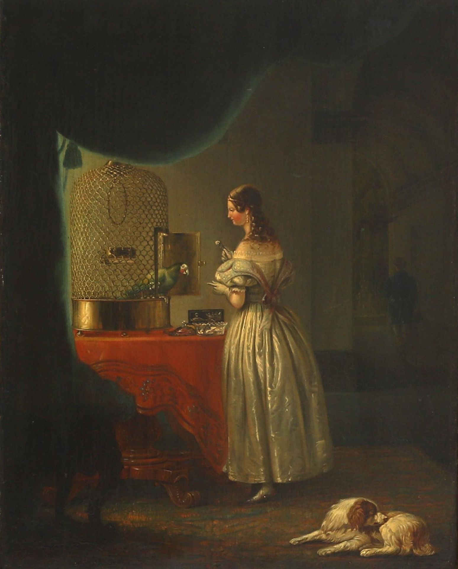 Toegeschreven aan Willem Frederik Veldhuijzen Elegant lady feeding her parrot, a man with his dog in